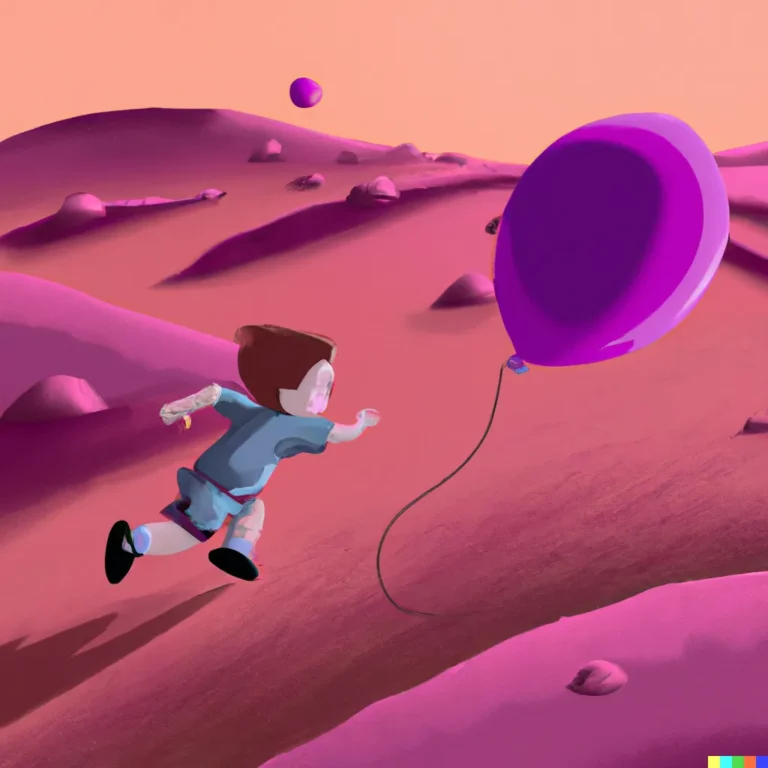 DALLE 2022- kid run on mars with a purple ballon