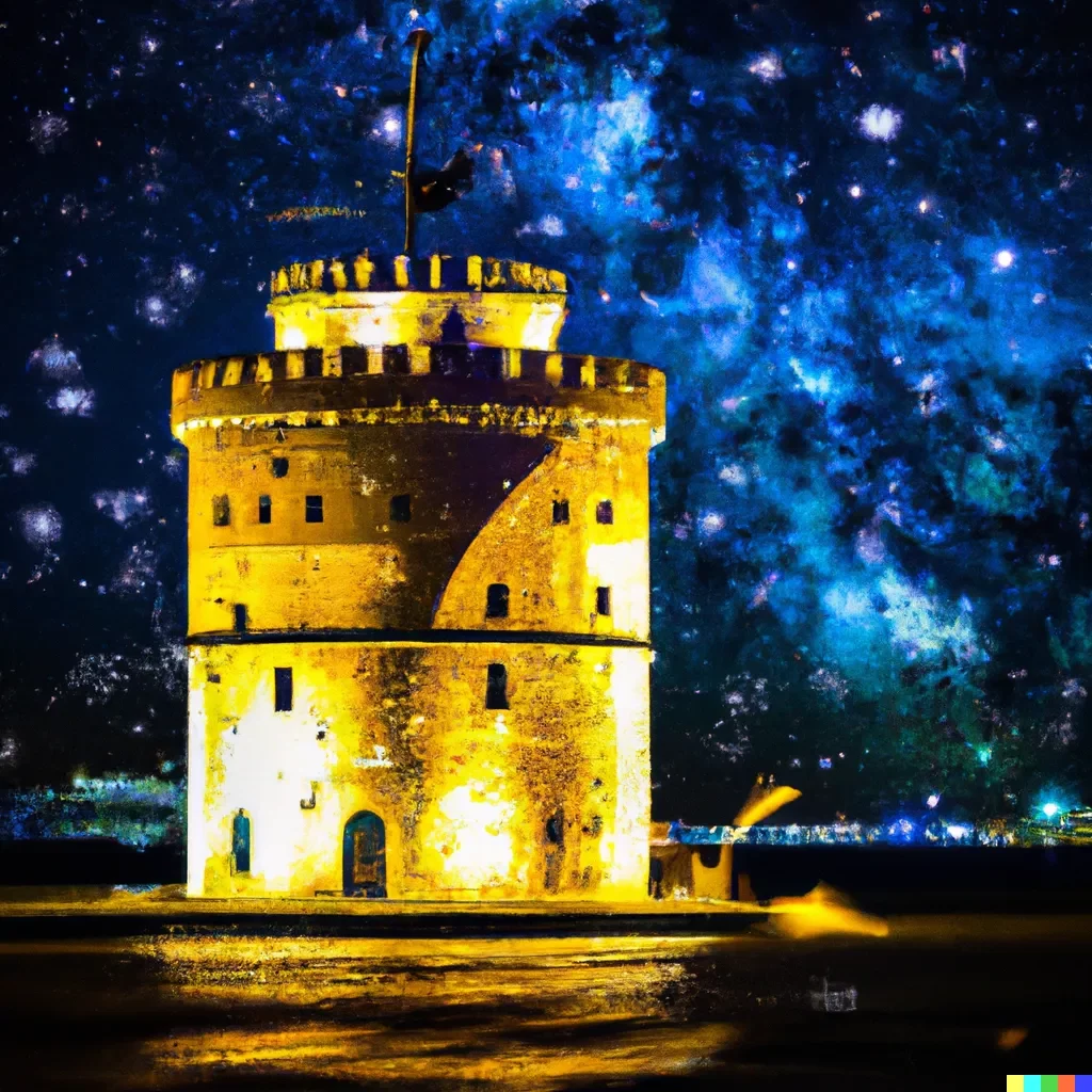 DALLE-van gogh night star white tower thessaloniki